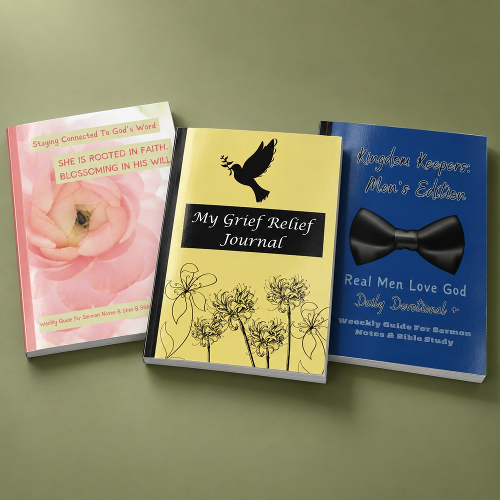 The three journals: She Is Rooted In Faith, My Grief Relief Journal and Kingdom Keepers